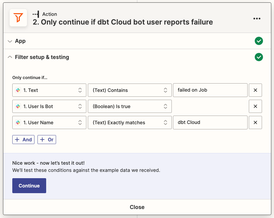 Screenshot of the Zapier UI, showing the correctly configured Filter step